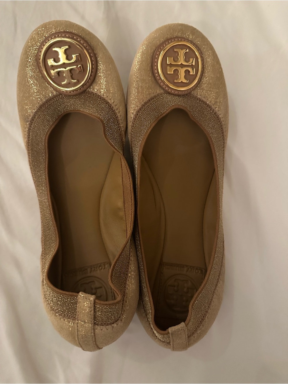 Tory Burch Glittery Gold Logo Round-Toe Ballet Flats